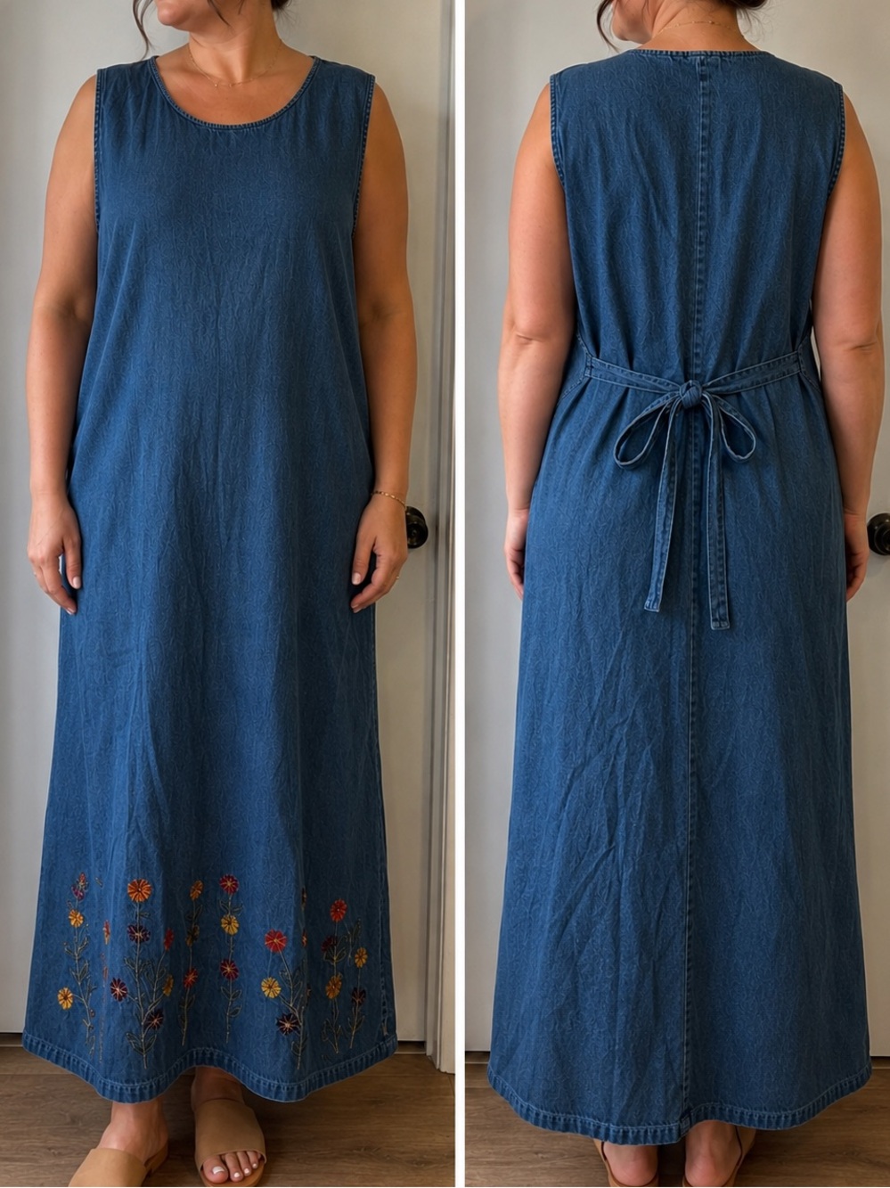 MPH | Sleeveless Denim Maxi Dress with Floral Hem Embroidery
